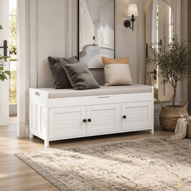 Storage Bench With 3 Shutter-Shaped Doors, Shoe Bench With Removable Cushion And Hidden Storage Space, White