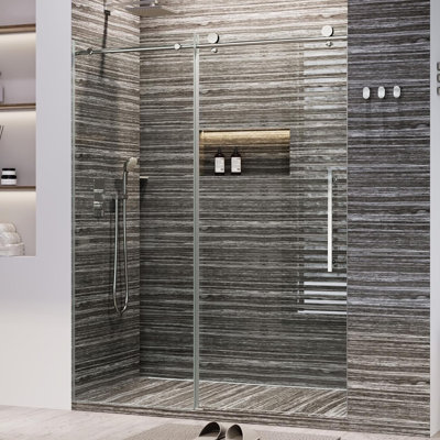 60" x 75" Frameless Sliding Shower Door, 5/16" Tempered Glass with Explosion-Proof Film, Stainless Steel Handle, Adjustable Waterproof Walk-in Shower Enclosure