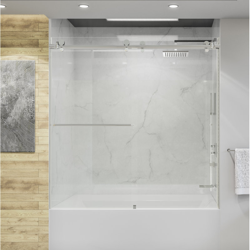 Eclipse 60 in. W x 60.5 in. H Sliding Bypass Frameless Tub Door in Chrome with 3/8 in. (10mm) Thick Clear Glass, Chrome