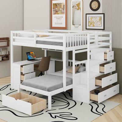 Full Over Twin Bunk Bed With Drawers,Desk And Shelves