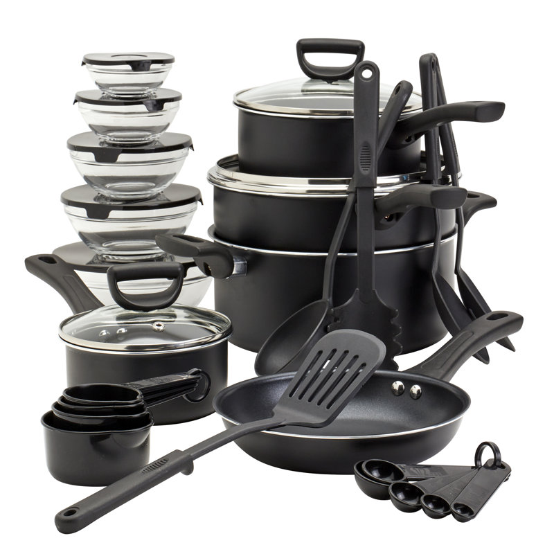 32-Piece Black Non-Stick Aluminum Cookware Set with Bakelite Handles