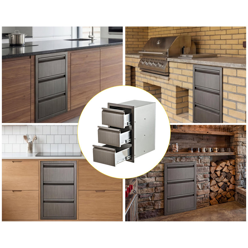 Outdoor Kitchen Drawers 14" W x 24" H x 18" D Flush Mount Triple Golden Drawers, Stainless Steel Drawer for Outdoor Kitchen Island, Patio Grill Station