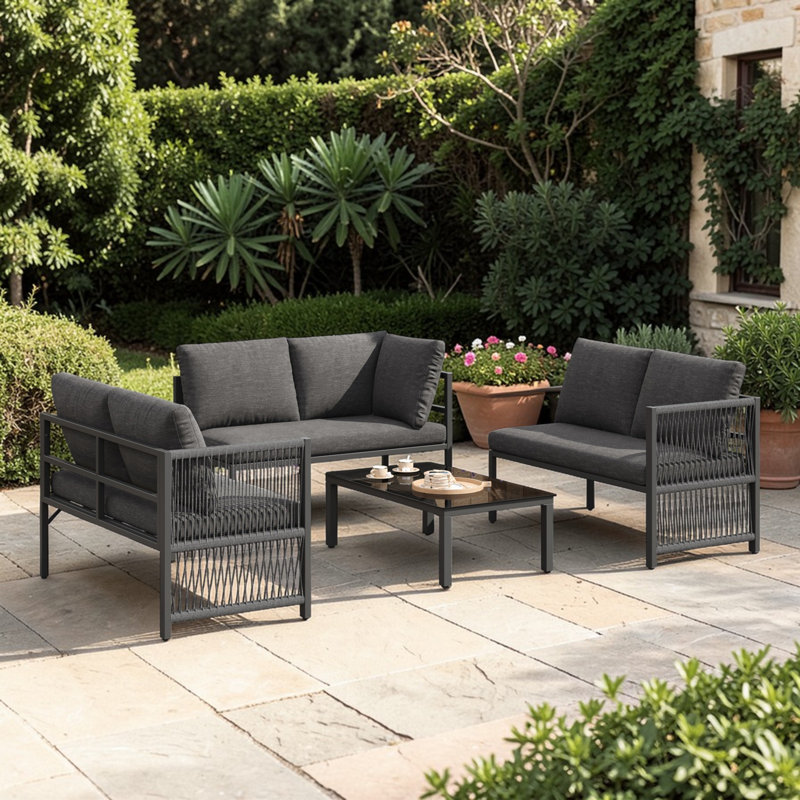 Grey Linen 5-6 Seater Garden Furniture Set With Tempered Glass Coffee Table, L-Shaped Corner Sofa With Polyester Rope Outdoor Patio Dining Lounge Set