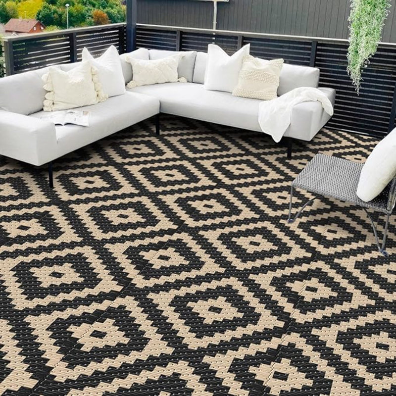 Waterproof Outdoor Rug Outdoor Plastic Straw Rug Reversible Patio Rug Large Outdoor Carpet Area Rug For Patio Backyard Picnic Beach Camping RV Black & Beige