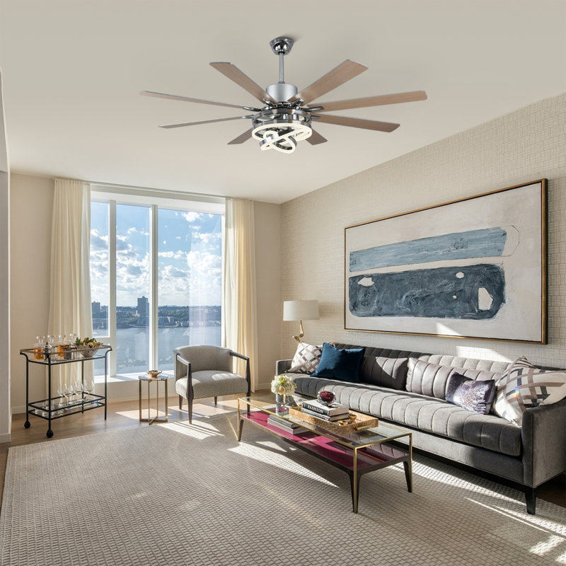 Grand ventilateur de plafond 72 po moderne argenté avec lumières DEL à intensité variable et pales réversibles à télécommande à 6 vitesses