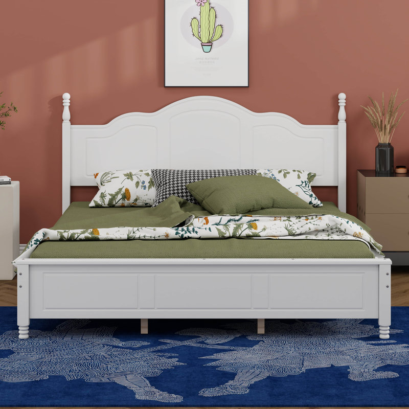 Structure de lit en bois avec tête de lit ondulée, lit plateforme en bois rétro avec support à lattes de bois, White