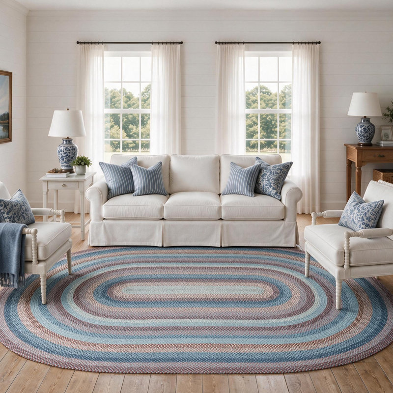 Tapis Cape Cod en jute tressé non pelucheux bleu/rouille, Ovale 8 pi x 10 pi