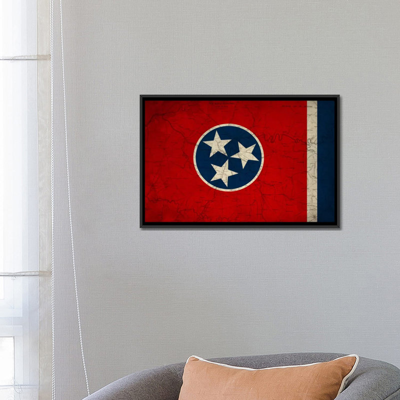 «Flags Tennessee Map», impression sur toile tendue, H 40 po x l 60 po x P 1,5 po, Toile avec cadre noir, Pas de tapis