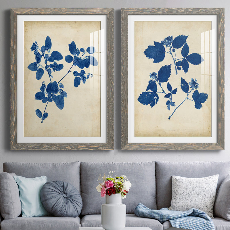 Toile encadrée Indigo Leaf Study, H 31,5 po x l 47 po x P 1,5 po, Cadre en papier gris, Blanc