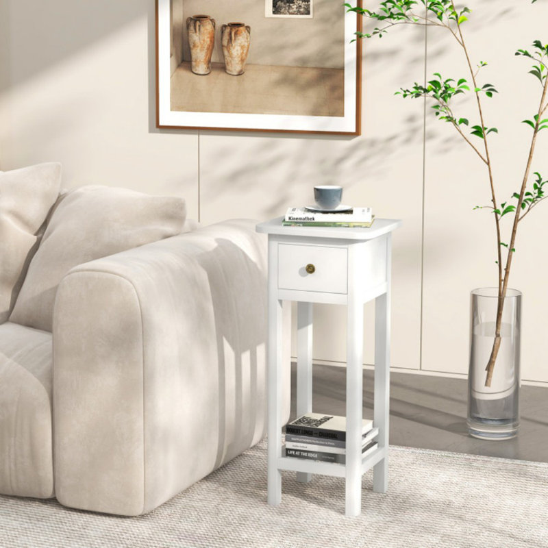 2 Tier Slim Nightstand Bedside Table with Drawer Shelf, White