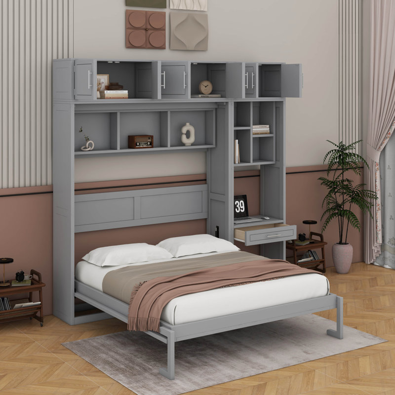 Lit escamotable mural avec bureau, armoire supérieure et tablettes de rangement, Grand lit, Gris