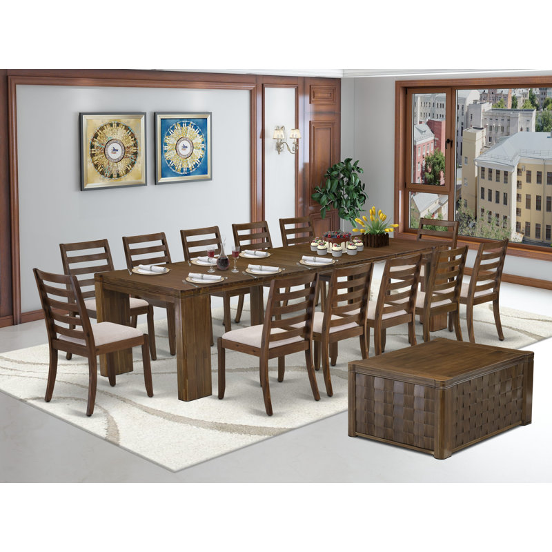 Cet ensemble de salle à manger extensible 14 pièces comprend 1 table de cuisine rectangulaire Xtenczar, 1 table basse, 12 chaises de salle à manger empilables en tissu brun clair, noyer antique