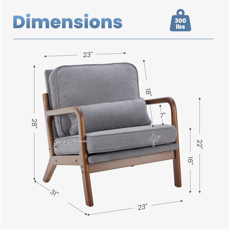 Upholstered Linen Blend Accent Chair with Wooden Legs and Lumbar Pillow, Gray
