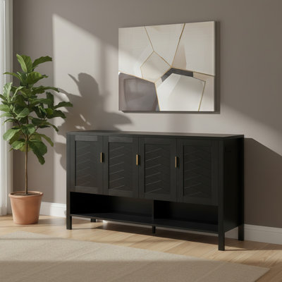 This Modern-Style Four-Door Storage Sideboard Also Functions As A Dining Sideboard. It Features A Combination Of Open And Adjustable Shelves, Along With Double Hooks, Making It Suitable For Various Settings.