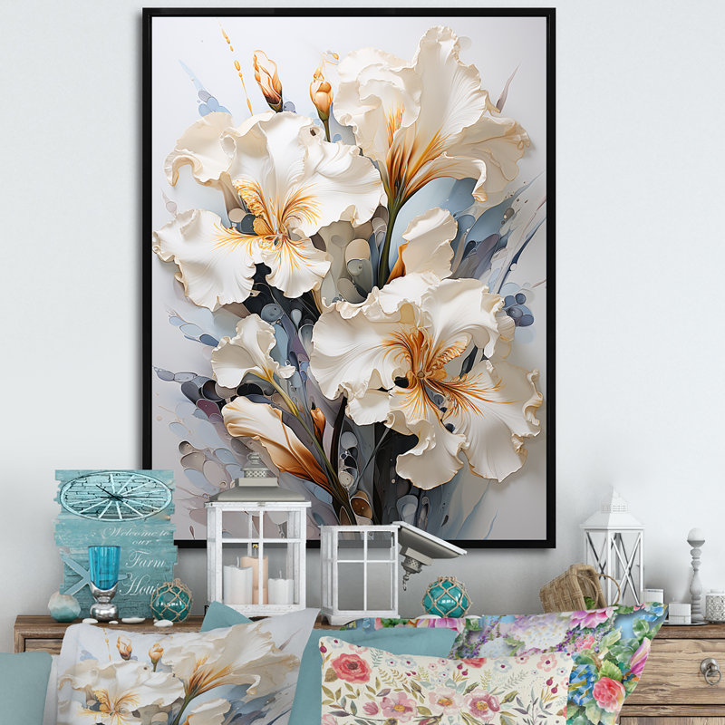 «Serenade of Irises» beige et jaune sur toile, impression sur toile, Cadre flottant noir, H 40 po x l 30 po x P 1,5 po