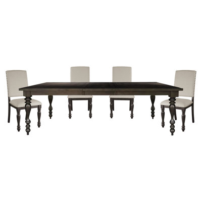 Traditional Brown Finish Dining Set Table w Leaf and Side Chairs Beige Nailhead Trim Transitional Dining Wooden Furniture