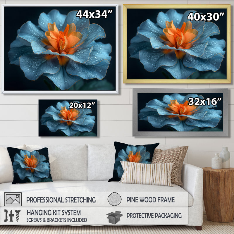 Décoration orange délicate orange et bleu - souci mural, H 12 po x l 20 po, Cadre simple noir, bois massif