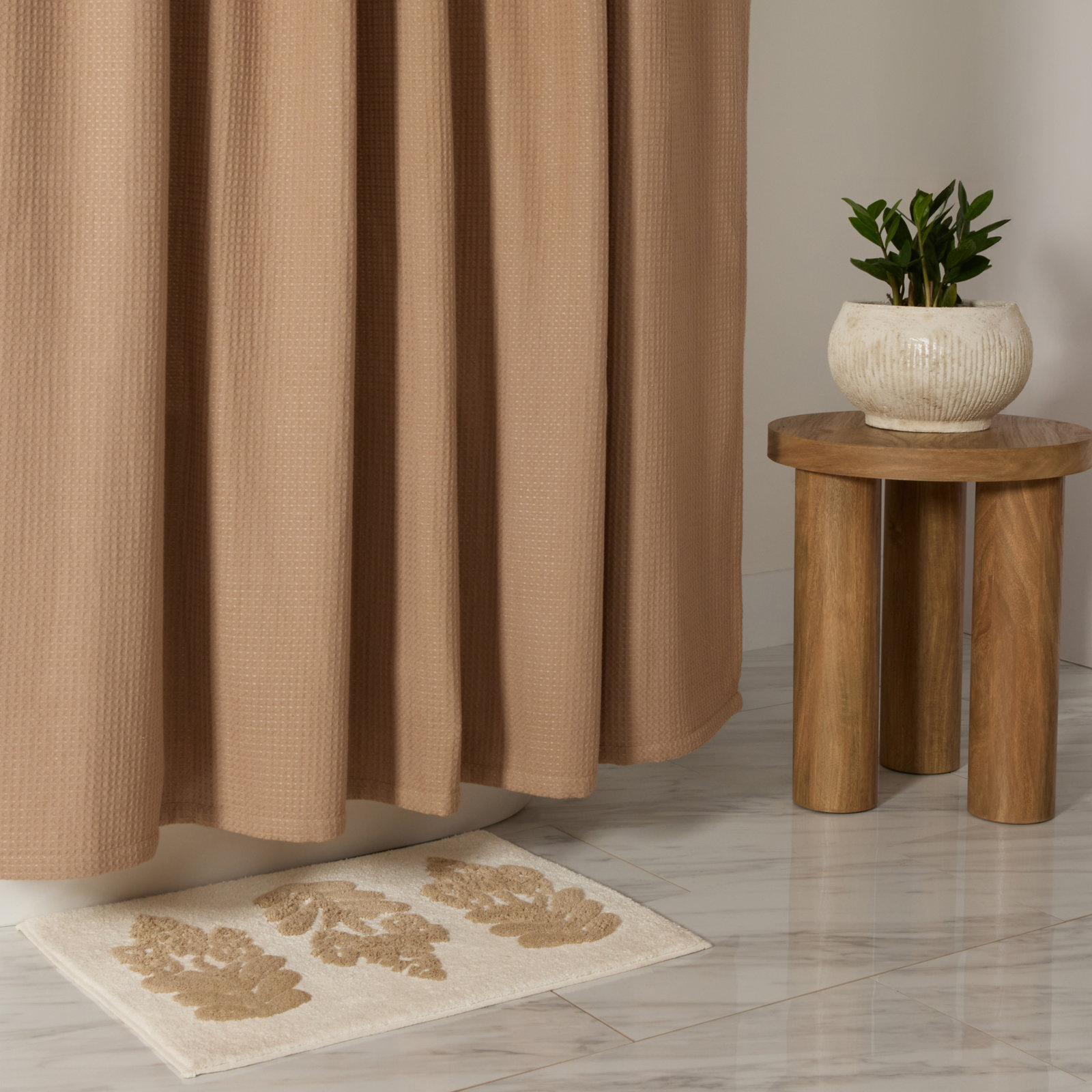 Waffle Textured Cotton Blend Shower Curtain, Brown