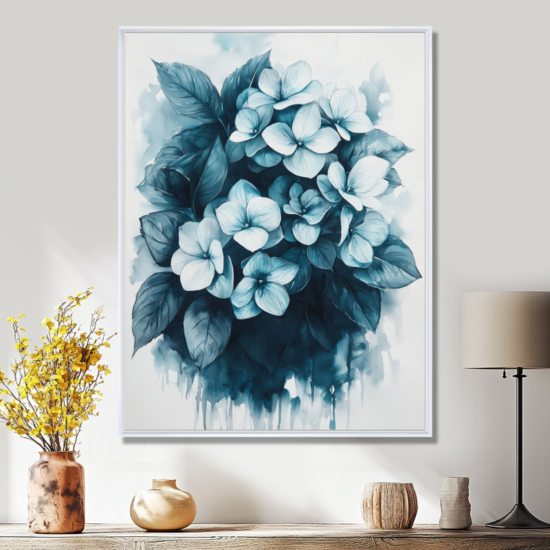 Monogramme d'hortensia monochrome - art mural hortensia, Impression encadrée flottante, H 44 po x l 34 po, Blanc