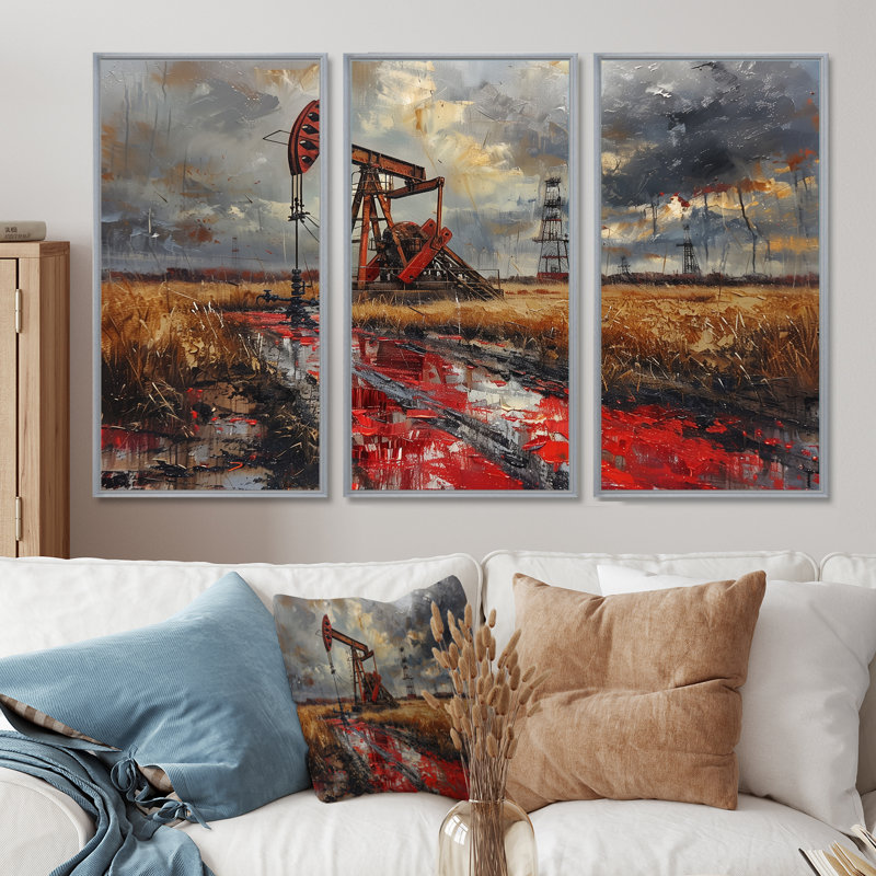 «Red Winter Oil Fields Industrial Icon I», ensemble d'art mural, Toile argentée avec cadre flottant