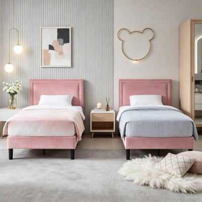 Aldora 2 Pack Pink Twin Upholstered Platform Bed Frame with Tufted Adjustable Headboard,Noise-Free Twin Size Bed with 8 Inch Under-Bed Storage