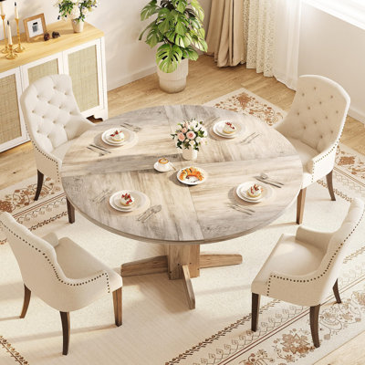 47" Round Dining Table for 4-6 People, Wood Kitchen Table with Pedestal Base, Farmhouse Style