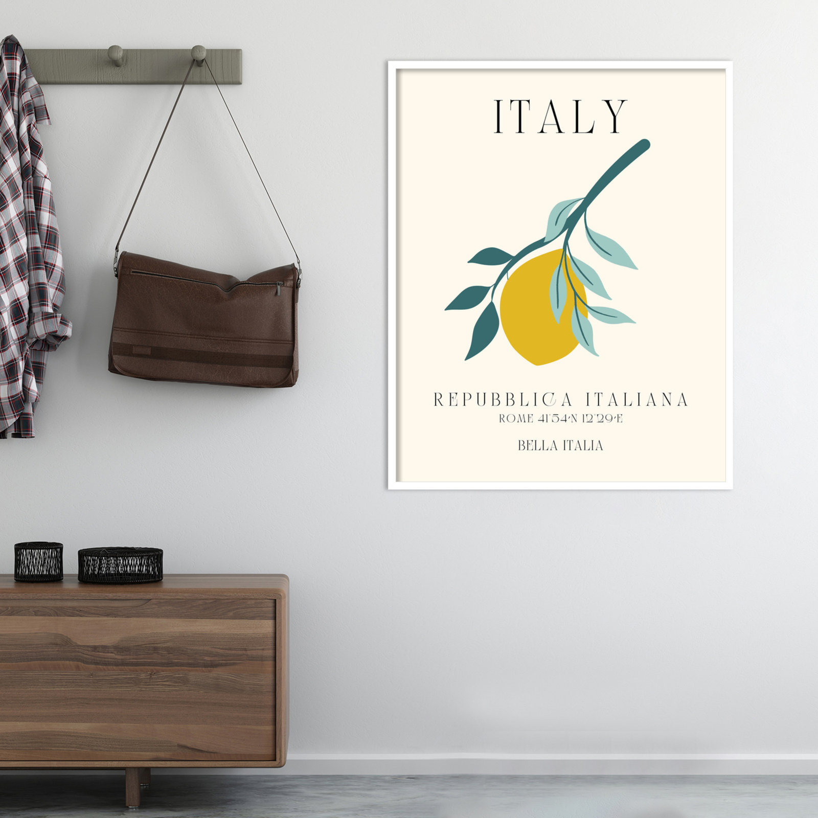Italy Travel Poster Bella Italia by Chayan Lewis, White Framed, 33" W x 41" H x 1" D