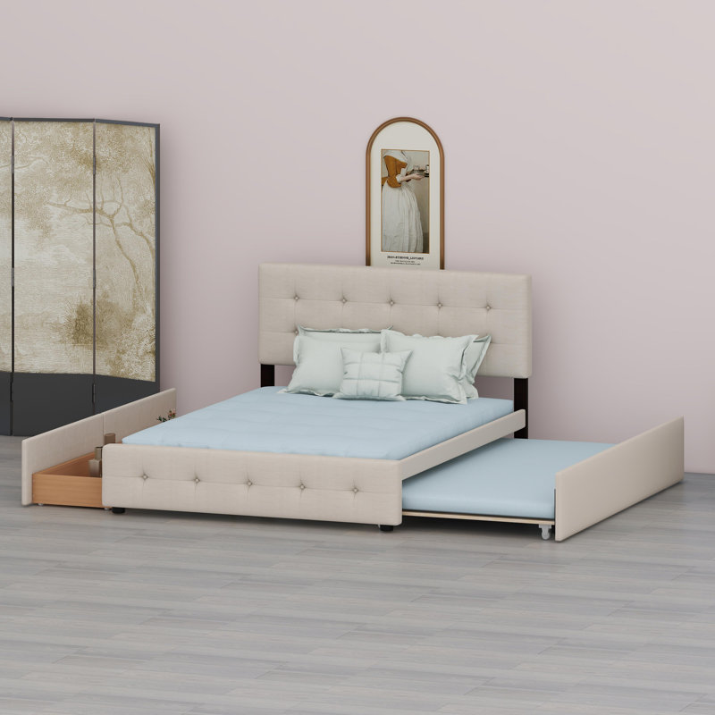 Lit plateforme tapissier moderne avec tiroirs et lit gigogne, Dark Beige