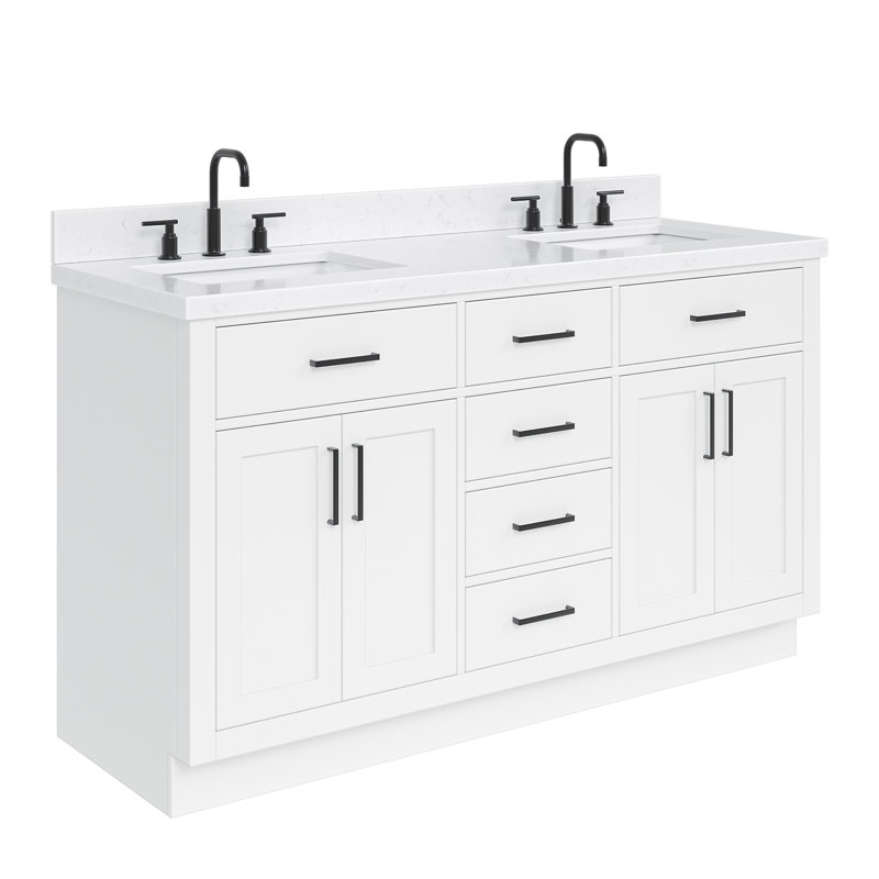 Thornaby  Solid Wood Double Bathroom Vanity with 1.5'' Carrara Quartz Top, White / Matte Black, Rectangular