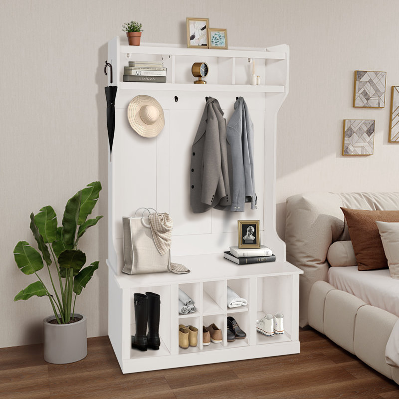 Hall Tree 38.19'' Wide with Bench and Shoe Storage, White