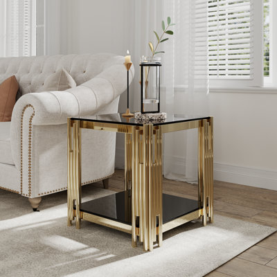 Table de bout carrée de 20 po de largeur avec plateau en verre noir, table de bout en verre trempé en acier inoxydable doré pour le salon et la chambre à coucher