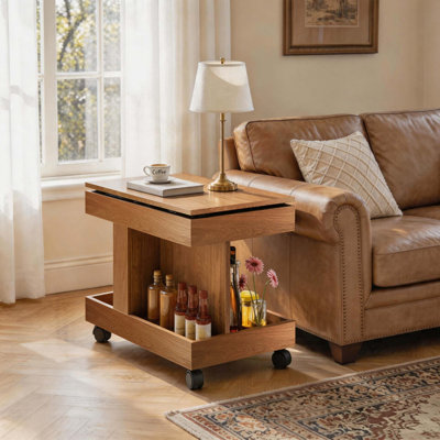 Table d'appoint pivotante à 360° avec rangement et plateau relevable