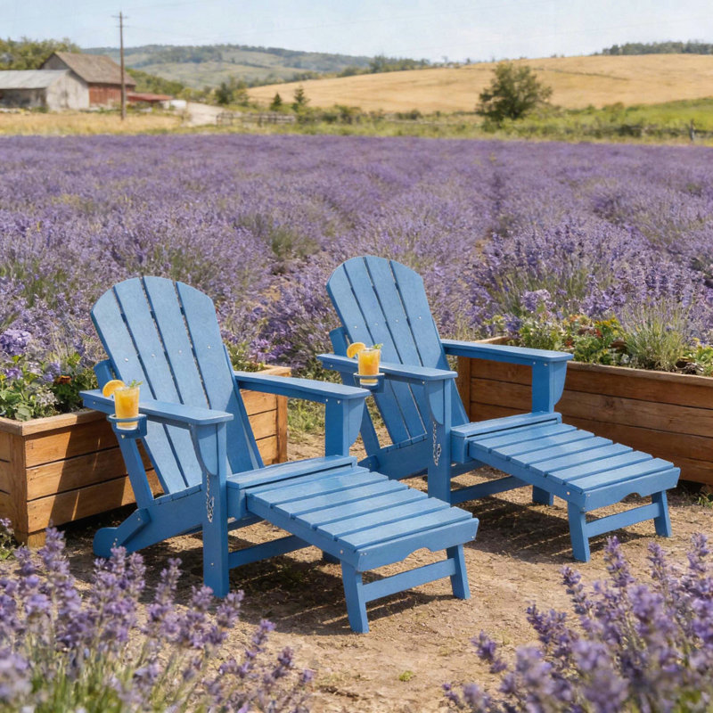 Chaise Adirondack pliante avec repose-pieds caché - PEHD, porte-gobelet et grain de bois réaliste pour patio ou foyer
