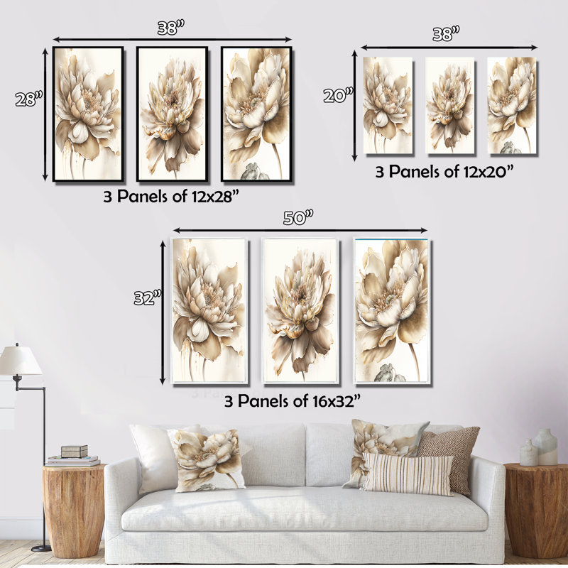 «Indigold Beige Flower», 3 pièces sur toile, H 32 po x l 48 po, Toile tendue