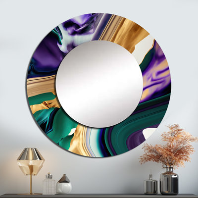 Oella mauve, vert et or, "Bold Strokes I", abstrait, miroir mural unique, grand miroir rond mauve, impression sur métal