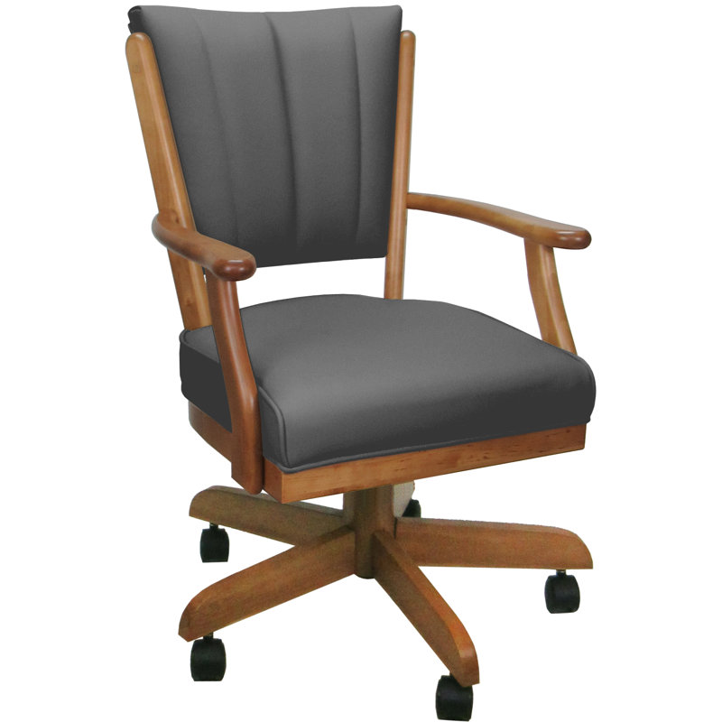 Leather Solid Wood Dining Caster Chair, Gray, Brown Wood