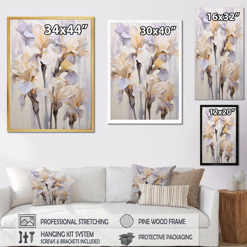 Beige, minimalisme, iris, pétales rayonnants V - iris, estampes murales, Cadre flottant noir, H 40 po x l 30 po x P 1,5 po