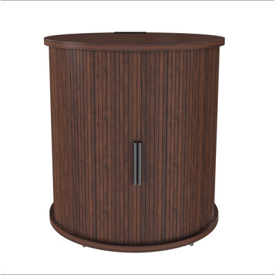Set of 2 Mid Century Modern Cylinder End Tables with Built-in Charging Station & Sliding Door, 2-Tier Storage Round Nightstands with USB Ports, Walnut Bedside Tables for Living Room, Bedroom, Entryway