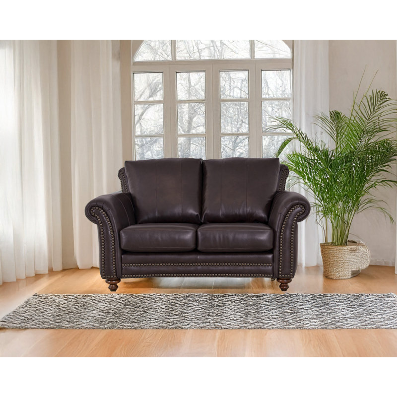 Stephie 68" Genuine Leather Rolled Arm Loveseat, Brompton Espresso Genuine Leather