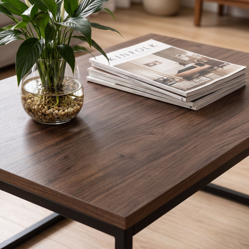 Table basse industrielle avec plateau en bois et structure en métal noir, table basse rectangulaire pour le salon