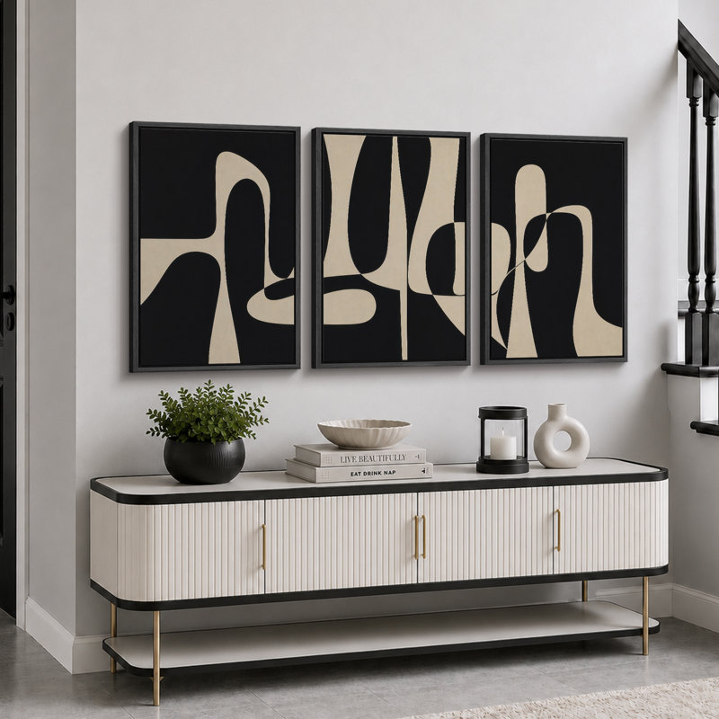 "Black Beige Organic Shape Art", photos de salon, impression sur toile encadrée, 3 pièces, H 36 po x l 72 po x P 1,5 po