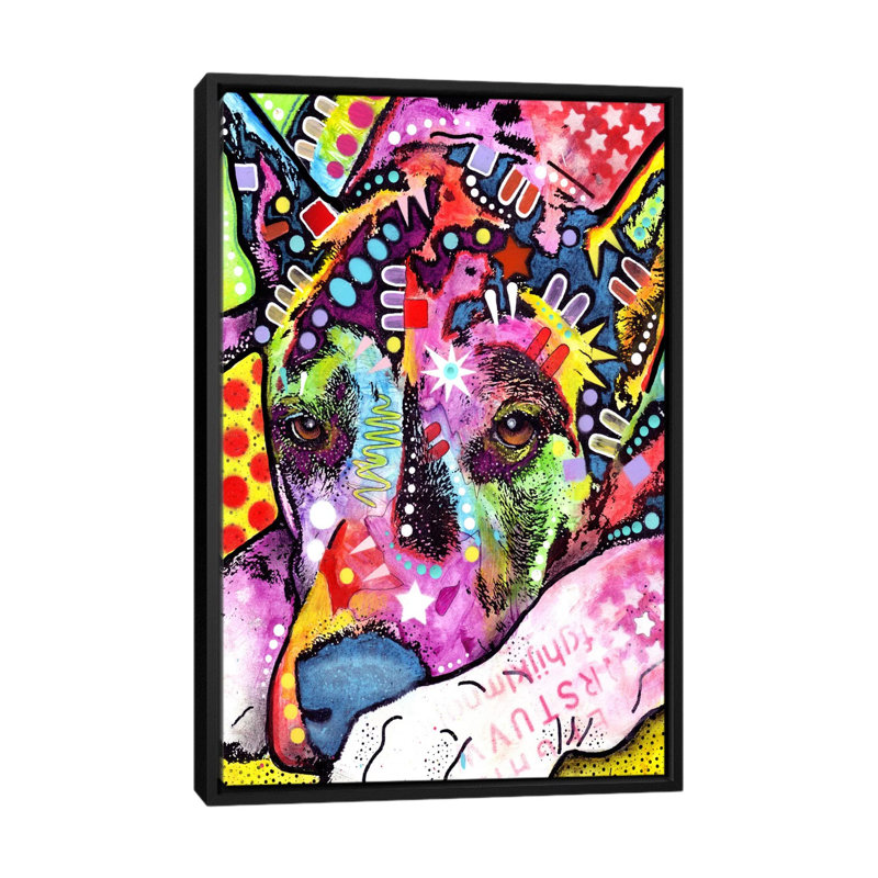 «Lying Dane» par Dean Russo - impression sur toile tendue, H 26 po x l 18 po x P 1,5 po, Toile avec cadre flottant noir