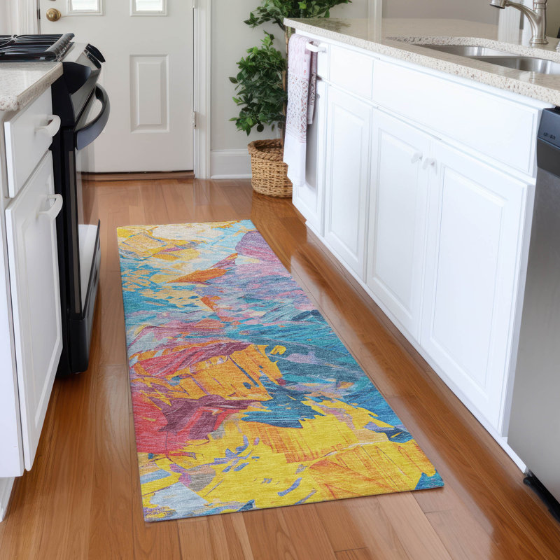 Tapis abstrait Varroville AMF1713 lavable à la machine de qualité supérieure, Tapis de couloir 2 pi 3 po x 7 pi 6 po