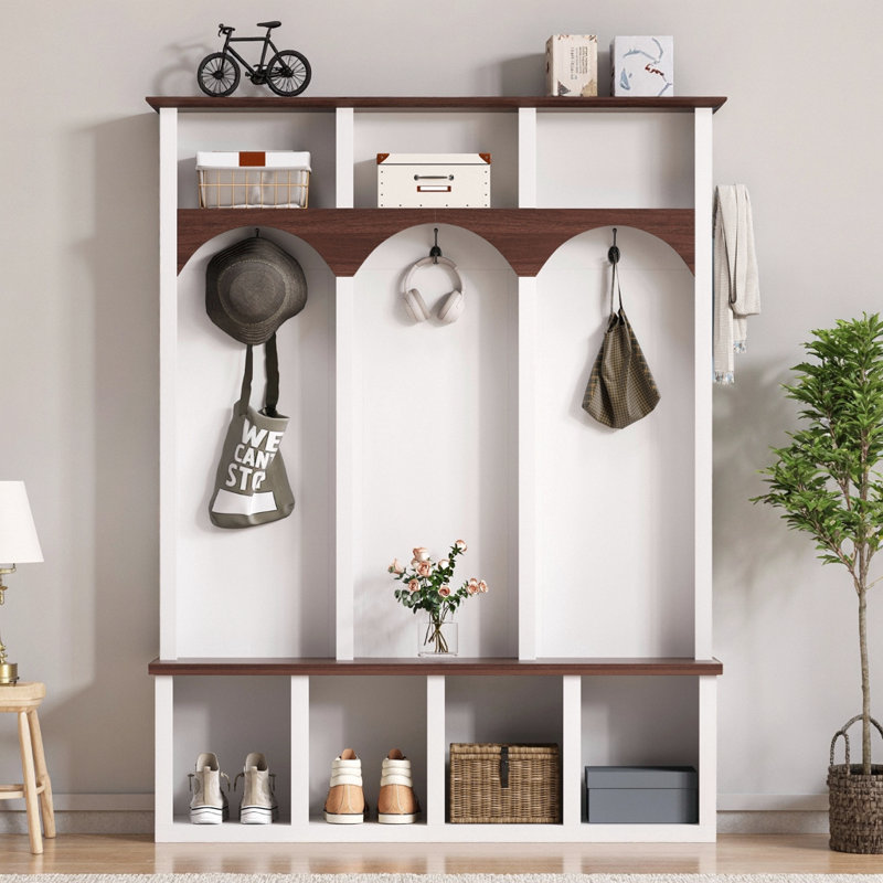White Farmhouse Hall Tree with Storage Bench & 5 Hooks - Walnut Finish Entryway Organizer, White