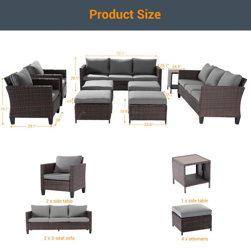 8 - Person Patio Conversation Set with Cushions, Gray