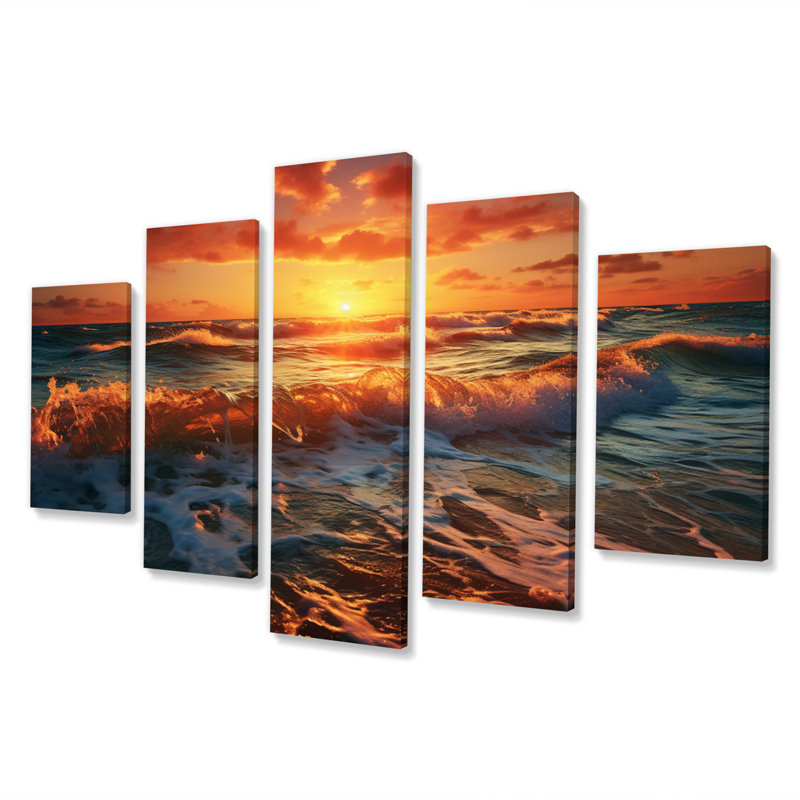  «Peach Sunrise Ocean Horizons II - Reproduction d'art nautique et plage - 5 panneaux