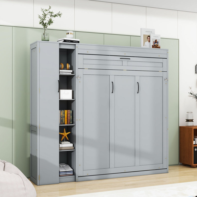 Lit escamotable double avec tablettes, garde-robe et lumières DEL, gris