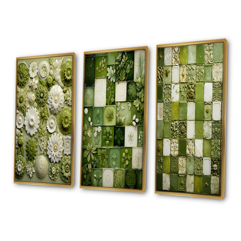 Botanicals Green Floral Tiles I - Abstract Botanicals, ensemble de 3 impressions sur toile, Cadre flottant doré