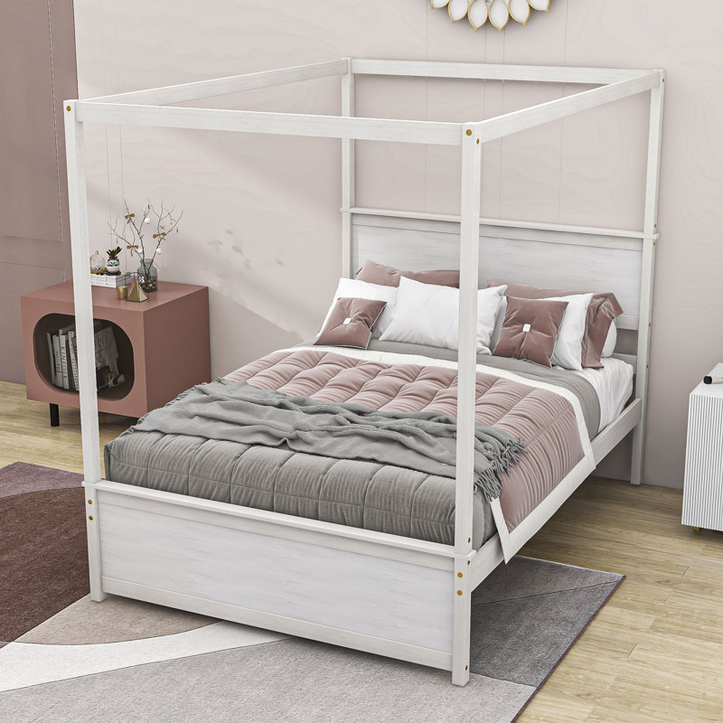Floyed Liandra Full Size Wooden Canopy Platform Bed with Twin Size Trundle by Red Barrel Studio, White