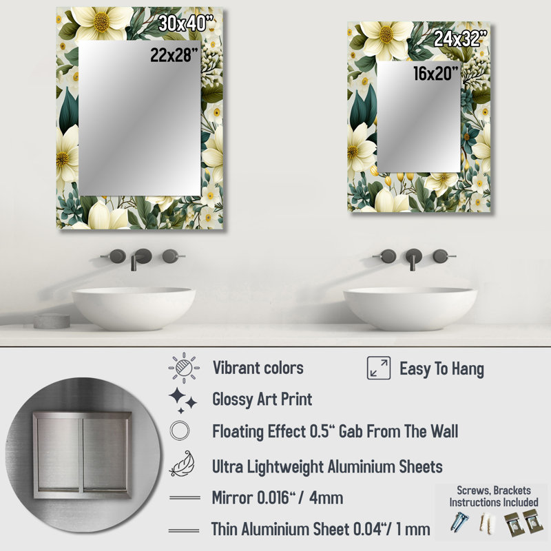 Anisia Botanical Bliss Boho Peonies Pattern - Floral Unique Mirror, Floral Large Wall Mirror, Printed Metal Art, 40" x 30"